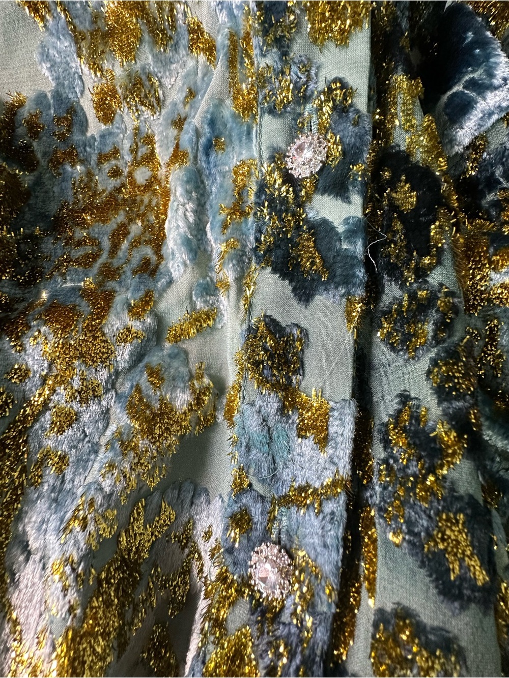 Blue and Gold Metallic Long Sleeve Midi Dress - Velvet Floral - Picture 11 of 12